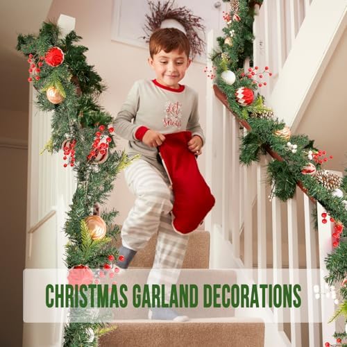 MUMTOP Christmas Garlands Decoration, 6 FT Battery Operated Christmas Garland with LED Light and Pine Cones Red Berries Candy Christmas Ball for Front Door Fireplace Mantel Table Window Home Decor