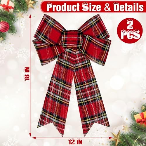 2 PCS Christmas Bows for Wreaths, 12" x 18" Red Christmas Decorations, Buffalo Plaid Christmas Tree Bow White Black Red Christmas Bows for Outside PVC Large Red Christmas Bows for Fence Fireplace