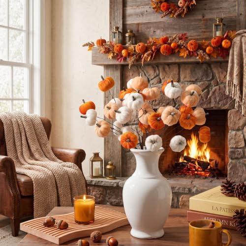 Suncalla 12 Pcs Fall Pumpkins Picks Velvet Fall Flower Picks