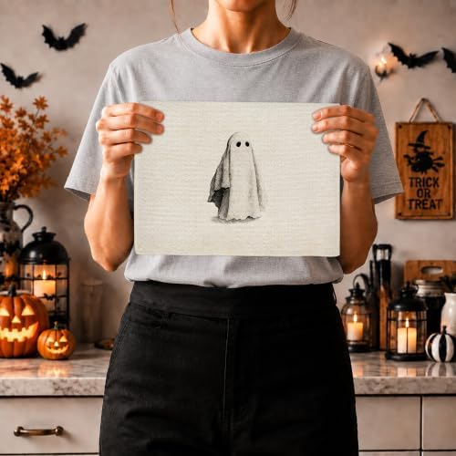 Neutral Halloween Ghost Kitchen Towels, Rustic Farmhouse Halloween Hand Towels for Bathroom Decor, Cute Spooky Ghost Dishcloths Dish Towel for Kitchen 16x24 Inches Set of 2