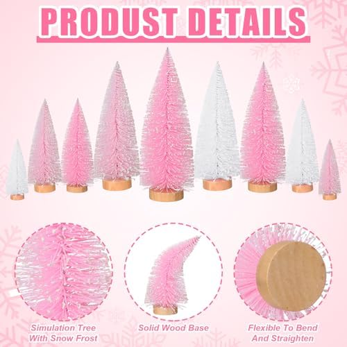 Leyndo 18 Pcs Pink Classic Artificial Mini Christmas Tree with Wood Base