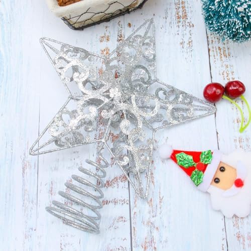 Aneco 10 Inches Christmas Treetop Star Metal Glittered Christmas Tree Topper Xmas Tree Decoration Topper for Christmas Holiday Home Office School Mall Decor, Silver