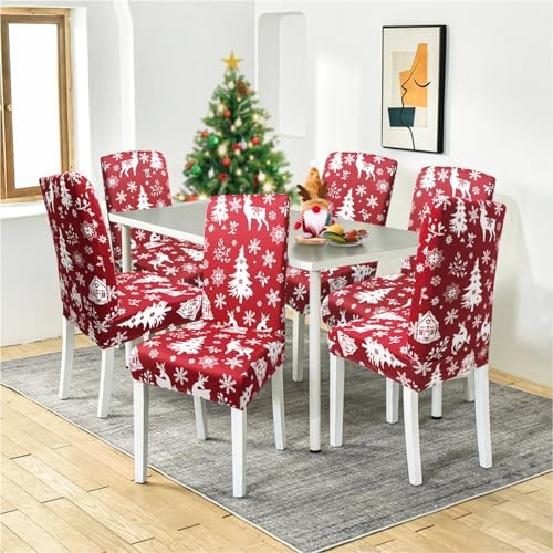 Red Christmas Chair Covers Set of 6,Winter Christmas Tree Snowflake Elk Chair Protectors,Elastic Removable Washable Dining Chair Covers for Winter Christmas Kitchen Dining Room Holiday Decor