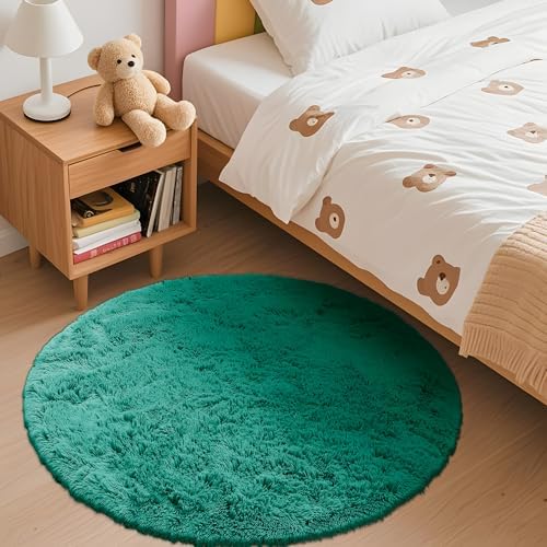 OLANLY Teal Green Round Rugs for Bedroom - Machine Washable, 3 ft Circle Area Rugs for Living Room, Soft and Fluffy