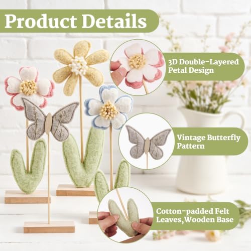 SUNBEAUTY Flower Centerpieces for Tables Felt Flower Butterfly Tabletop Decor with Wooden Base Boho Nursery Baby Girl Shelf Decor