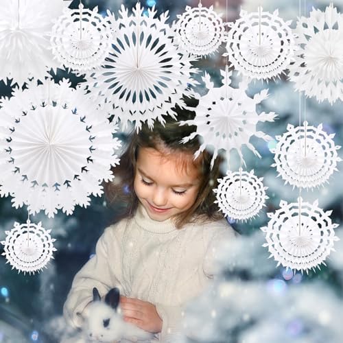 BestoFun 12 PCS White Paper Snowflake Decorations Frozen Birthday Party Supplies Winter Wonderland Party Decorations Christmas Large Snowflake Decorations Hanging Snowflake Decorations