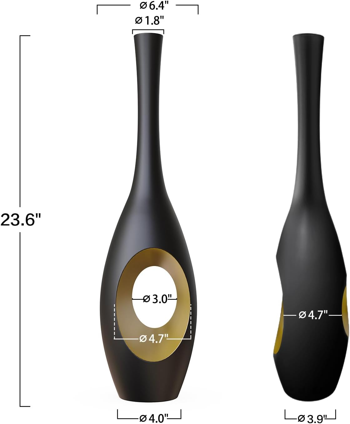 Modern Oval Tall Floor Vase / Black & Gold / 23.6in