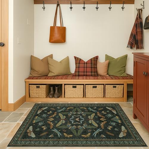 Dark Green Rug for Entryway Indoor- 3x6 Large Washable Kitchen Rug, Non Slip Insect & Floral Pattern Carpet for Entry