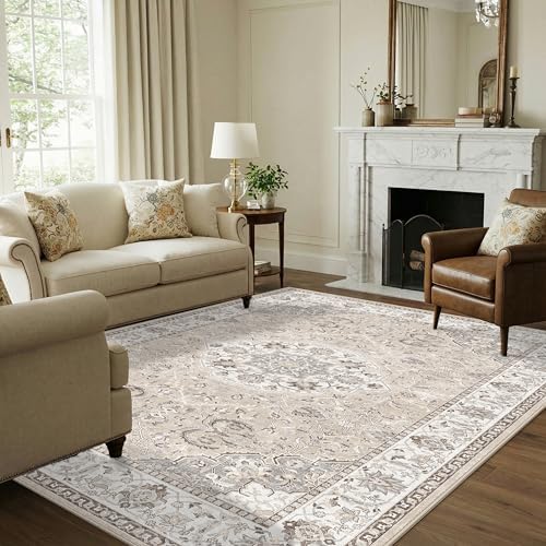 7x10 Area Rug for Living Room: Washable Neutral Vintage Large Rugs for Bedroom, Office, Dining Room, Kids Room