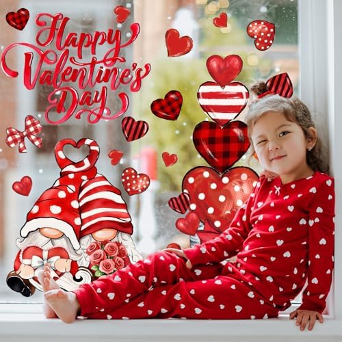 Whaline 6 Sheets Valentine' s Day Window Clings Romantic Red Stripe Heart Potted Gnome Windows Decor Reusable Anti-Collision Glass Stickers for Wedding Anniversary Home Party Supplies