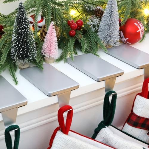 HMASYO Christmas Stocking Holders for Mantle Set of 4, Silver Heavy Duty Iron Stocking Hangers Base, Low Profile Weighted Stocking Holder Hooks for Fireplace Tabletop Shelf Christmas Decoration