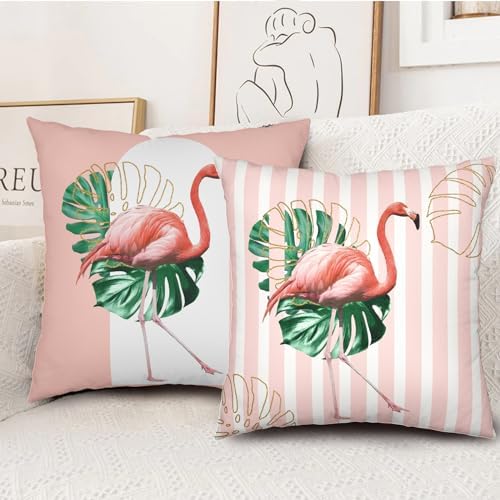 Summer Flamingo Outdoor Pillow Covers Pink Flamingo Tropical Leaves Abstract Geometric Pillows Cases Set of 2 Pink and White Striped Pillowcase for Farmhouse Living Room Decor, 22 X 22 Inch