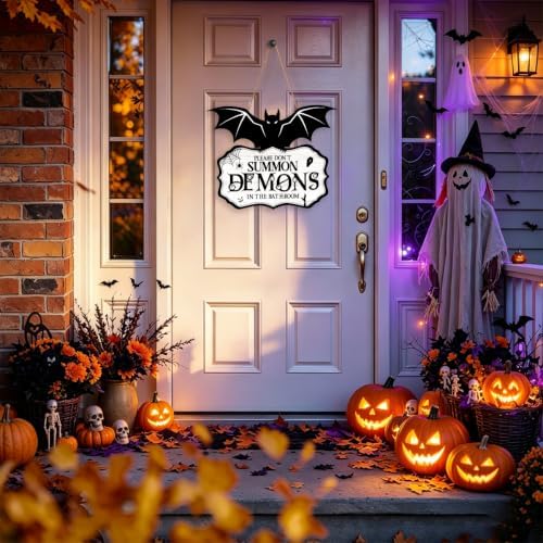 Funny Halloween Bathroom Decor-Please Don't Summon Demons Spooky Wood Sign