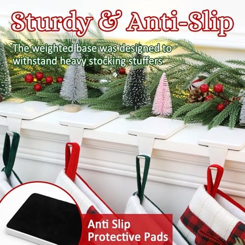 HMASYO Christmas Stocking Holders for Mantle Set of 4, White Heavy Duty Iron Stocking Hangers Base, Low Profile Weighted Stocking Holder Hooks for Fireplace Tabletop Shelf Christmas Decoration