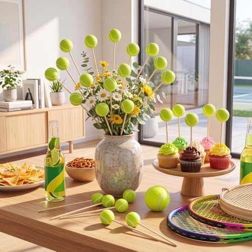 Soulchen 24 Pcs Tennis Centerpiece Sticks Set 1.57 Inches Tennis Balls with 7.87 Inches Sticks for Ball Themed Party Decorations Sports Banquet Table Centerpieces Event Decor