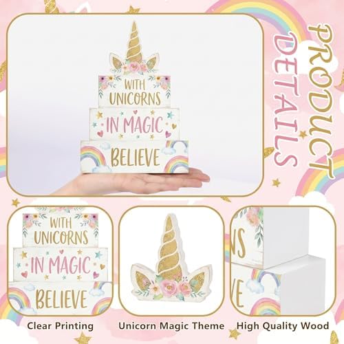 Britimes Tiered Tray Decor Set, 4 Pack, Wooden Table Sign, Unicorn Rainbow