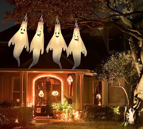 Halloween Ghost Decorations Outdoor: with Timer, 4 Pcs Cute Hanging Ghost for Tree Porch Garden Yard, Waterproof LED Ghost Halloween Decor