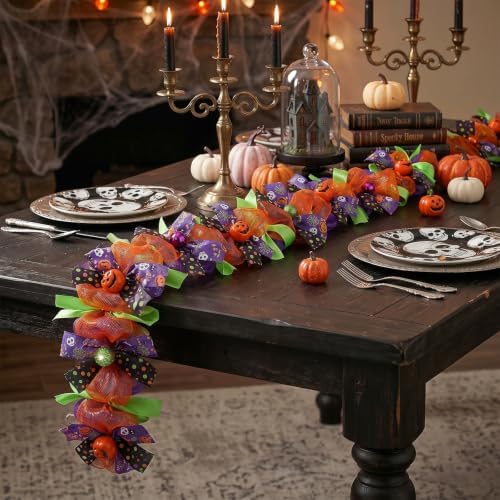 Halloween Garland for Mantle with Pumpkin Mesh Ribbons 6Ft