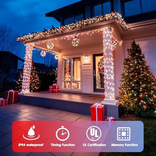 JMEXSUSS 2 Pack 100 LED Red and White Christmas Lights Outdoor, Each 33FT