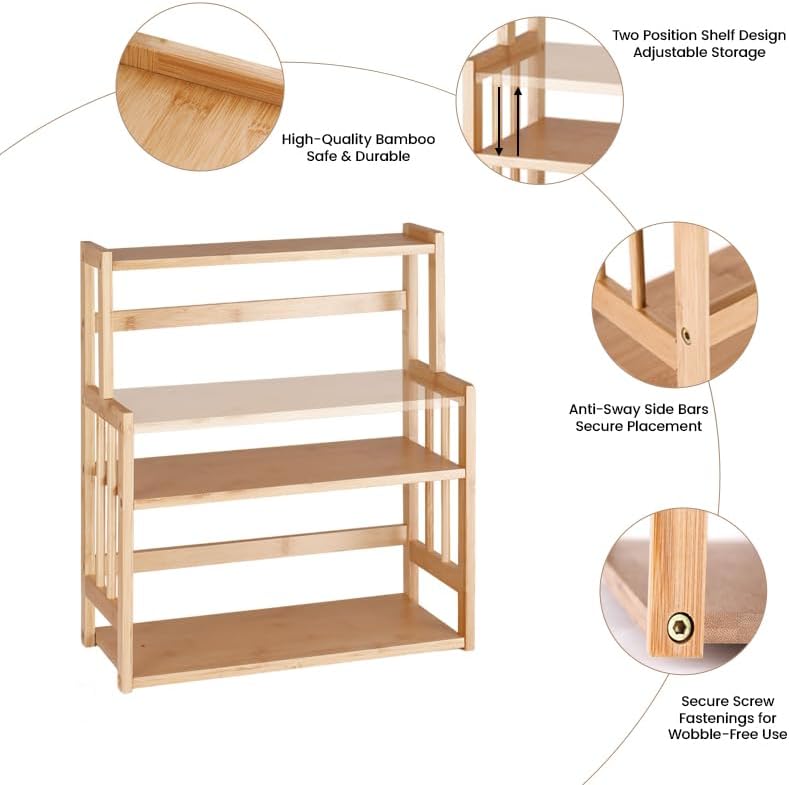 Bamboo Spice Rack 3-Tier Kitchen Countertop Organizer, Adjustable Shelf Pantry Storage Stand for Herbs, Jars, and