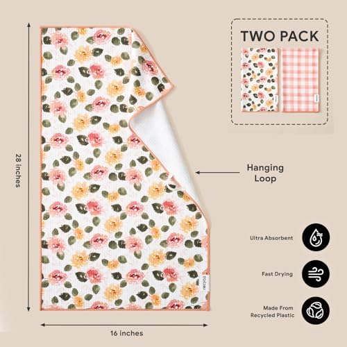 RECYCO Waffle Kitchen Towel Set of 2 - Quick Dry Microfiber Sustainable Dish Towels - Absorbent Reusable Cleaning Tea Towels - Lightweight Hand Towels,16”x 28”, Rose Plaid