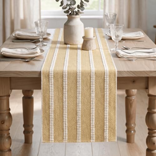 Artoid Mode Burlap Brown Farmhouse Dashed Stripe Table Runner, Seasonal Holiday Boho Rustic Kitchen Dining Table Decoration for Home Party Decor 12x72 Inch