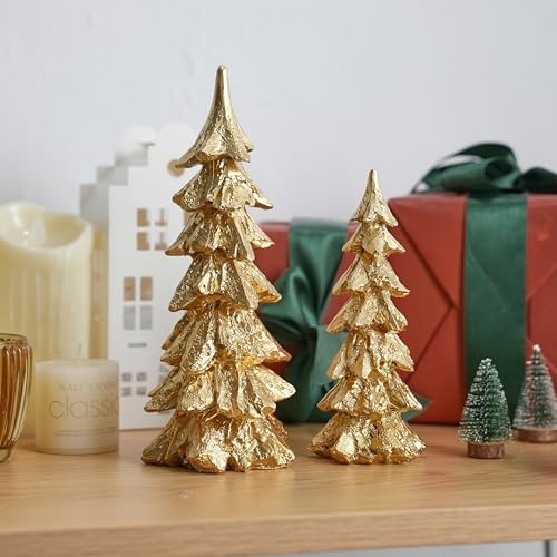 FESTGLOX Gold Christmas Tree Figurines, Resin Tabletop Christmas Tree Decor