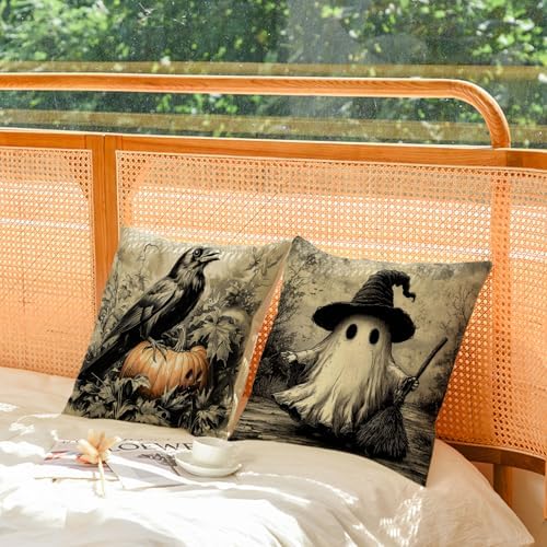 YeeJu Set of 4 Halloween Pillow Covers 26x26 Inch Cute Ghost Pumpkin Decor Throw Pillow Covers Black Plaid Happy Halloween Cushion Covers Linen Pillow Cases for Home Outdoor Sofa Couch (26 by 26)