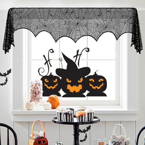 Halloween Mantle Scarf, Black Lace Spiderweb Fireplace Mantel Scarf,Halloween Mantel Decor for Cloth Table Runner,Halloween Decorations Indoor Festive Party Supplies Door Window Curtain,96 x 18 Inch