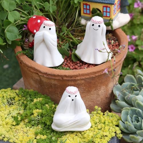 3 Pcs Ghost See No Evil Hear No Evil Speak No Evil Statues, Spooky Halloween Ghost Plant Decorations for Pots, Cute See No Evil Hear No Evil Figurines for Home Office Desk Lawn Yard Planter Pot