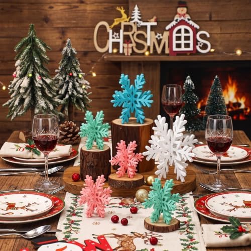 Bucherry 12 Pcs Wooden Snowflakes Table Decor,Pink, Green, Blue, White