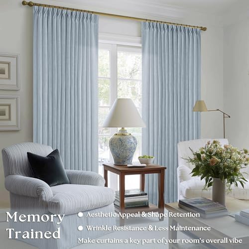 Dusty Blue Pleated Linen Curtains 96 Inches Long for Living Room 2 Panels