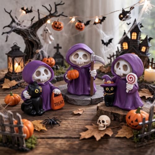 Halloween Decorations Indoor, 3 Pcs Witch Skeleton Statues for Table Mantel Shelf Decor Cute Spooky Halloween Figurines with Grim Reaper Witch Hat Black Cat, Pumpkin Skull Gothic Resin Tabletop Decor