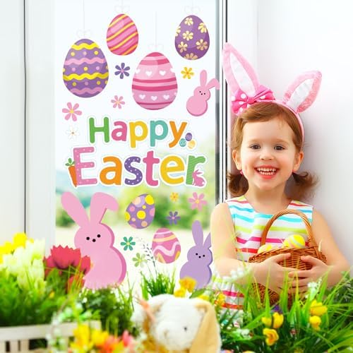 Whaline Easter Window Clings Happy Easter Bunny Rabbit Egg Double-Side Window Decals for Home Office School Shop Display Party Decorations, 107 Pcs, 9 Sheet