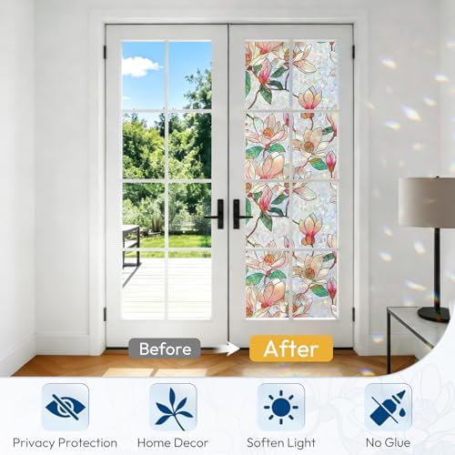 rabbitgoo Stained Glass Window Privacy Film, Magnolia, 23.6" x 157.4"