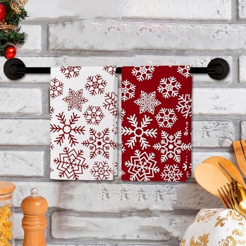 JOOCAR Christmas Snowflake Kitchen Towels Dish Towels Set of 2, 16x27 Inch Seasonal Soft Drying Dishcloth, Red and White Decoration Hand Towels