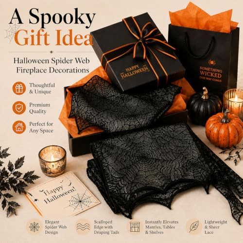2-Pcs Halloween Fireplace Decorations - 18x98 Inch Black Lace Spiderweb Mantel Scarf Cover for Stair Handrails Door Curtains Spooky Party Supplies Haunted House Indoor Outside Decor Set