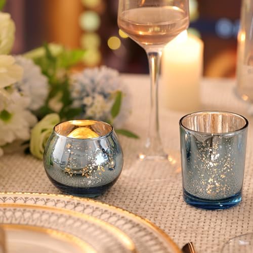 Volens 24PCS Blue Votive Candle Holder Bulk, Round Mercury Glass Votives
