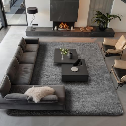 Ophanie Area Rugs 9x12 Living Room, Large Grey Bedroom Carpet, Big Shag Indoor Thick Soft Nursery Rug, Gray Fluffy