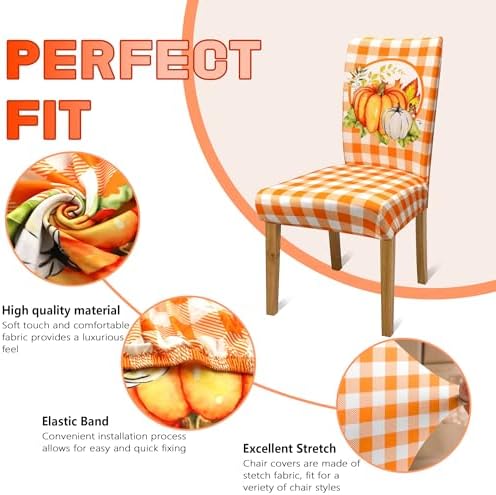Fall Chair Covers for Dining Room Set of 6 Autumn Pumpkin Dining Chair Protectors 6 Pcs Stretch Removable Washable Chair Slipcovers 6 Pack for Thanksgiving Home and Party Decor