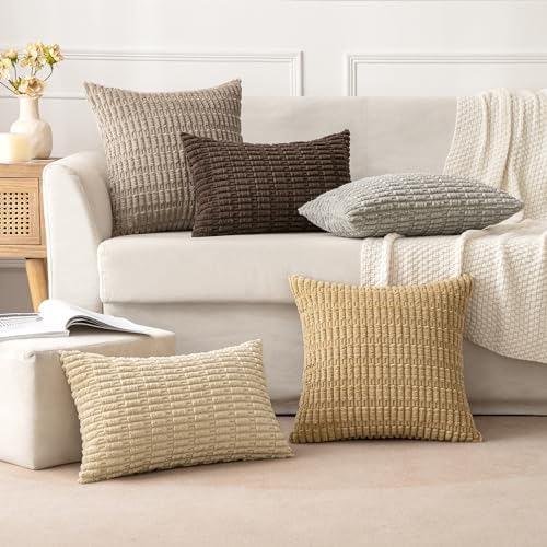 MIULEE Lumbar Corduroy Decorative Throw Pillow Covers 12x20 Tan Pack of 2