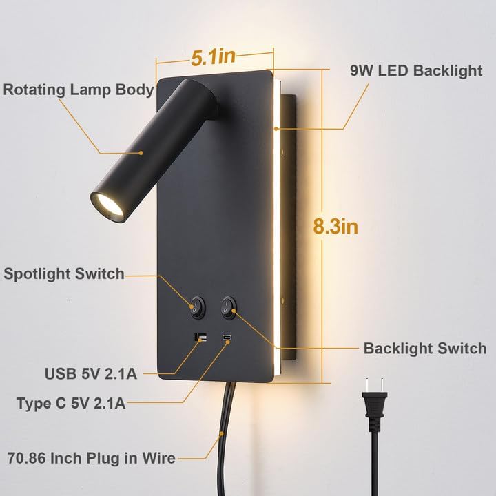 MOLUOLA LED Wall Lamp Wall Mounted Reading Lights, Adjustable Headboard Plug in Wall Sconce with USB C+A Ports
