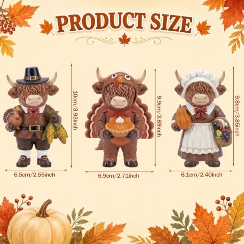 Simgoing 3 Pcs Fall Highland Cow Figurines Pilgrim and Turkey Cow Decor