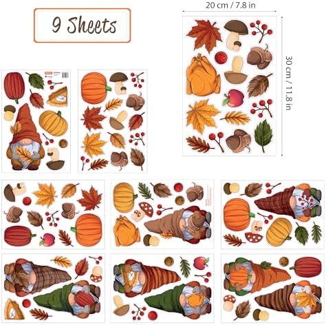 WALPLUS Fall Decor Autumn Window Clings Thanksgiving Decorations Double-Sided Reusable Peel and Stick Removable for Glass Living Room Nursery Room Home Office Thanksgiving Gnomes 102 Pieces