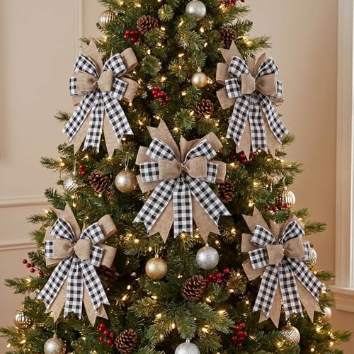 Buffalo Plaid Bow, 9.4 x 11.8 Inch Black and White Check Burlap with Wired Ribbon, Handmade Farmhouse Wreath Bow for Front Door Mailbox Lantern Tree Topper Year Round Decor