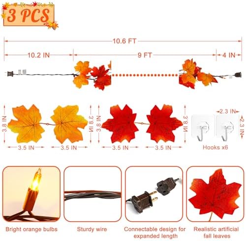 3Pack 27FT Plug in Fall Maple Leaves Garland with Lights 150 Orange Bulbs
