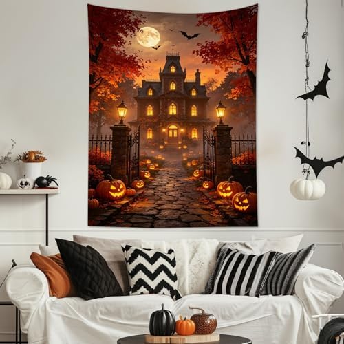 LB Fall Halloween Tapestry Horror Pumpkin Haunted House Wall Tapestry Red Maple Tree Black Bat Night Moon Tapestries Wall Hanging for Bedroom Living Room Dorm Decor, 51Wx59H inches