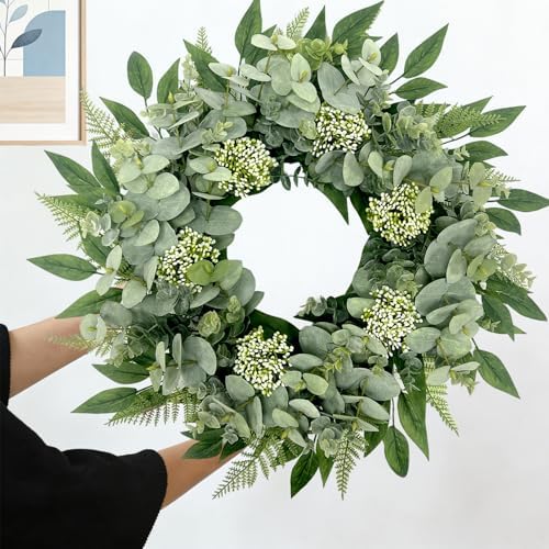 24" Faux Eucalyptus Fern Wreath for Front Door, Year-Round Farmhouse