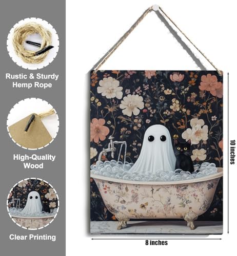 Funny Halloween Bathroom Decor, Cute Halloween Decorations Indoor, Spooky Halloween Wall Art Wooden Hanging Sign, Ghost Black Cat Farmhouse Wood Block Plaque Sign Decor for Home Shower Room Bathroom