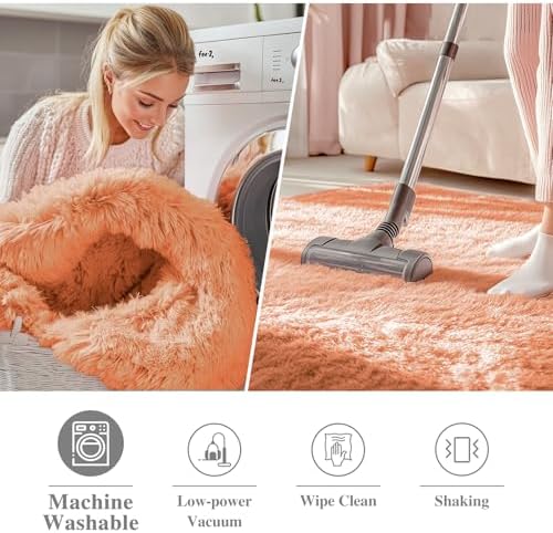 OLANLY Muted Orange Round Rugs for Bedroom - Machine Washable, 9 ft Circle Area Rugs for Living Room, Soft and Fluffy